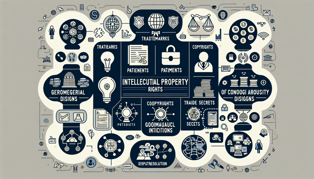 An illustration of various types of intellectual property rights (HKI) such as trademarks, patents, industrial designs, copyrights, geographical indications, trade secrets, communal intellectual property, and dispute resolution, with a focus on legal protection and benefits.
