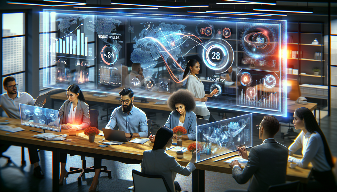 Create an illustration of a diverse team collaborating together in a futuristic office setting, with elements representing sales, marketing, and customer success departments working in harmony to enhance customer experience and drive revenue growth in a B2B ecosystem.