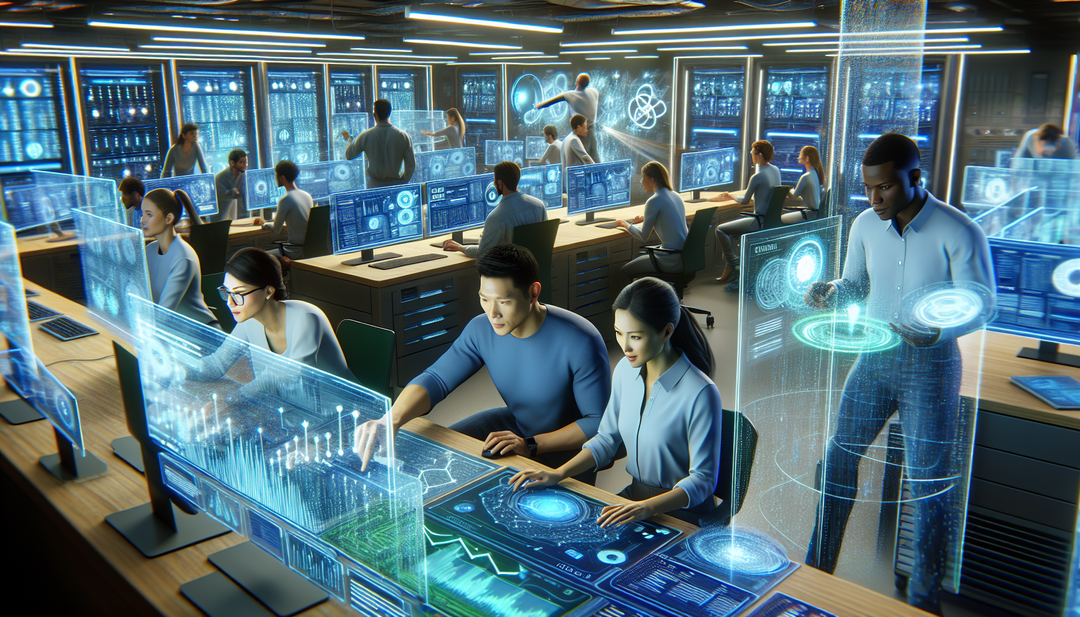 Create an illustration of a futuristic data analytics center with team members analyzing data from various sources to optimize B2B marketing strategies and drive Revenue Operations (RevOps) efficiency.