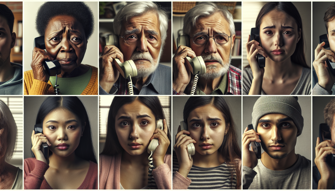 A diverse group of people of different ages and backgrounds reaching out for support on various helplines.