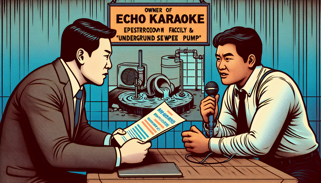 Illustrate a scene from the text where the '에코 노래방' owner, 현수, is anxiously explaining the issues with the restroom and underground sewage pump to a representative from '마이펌프'.