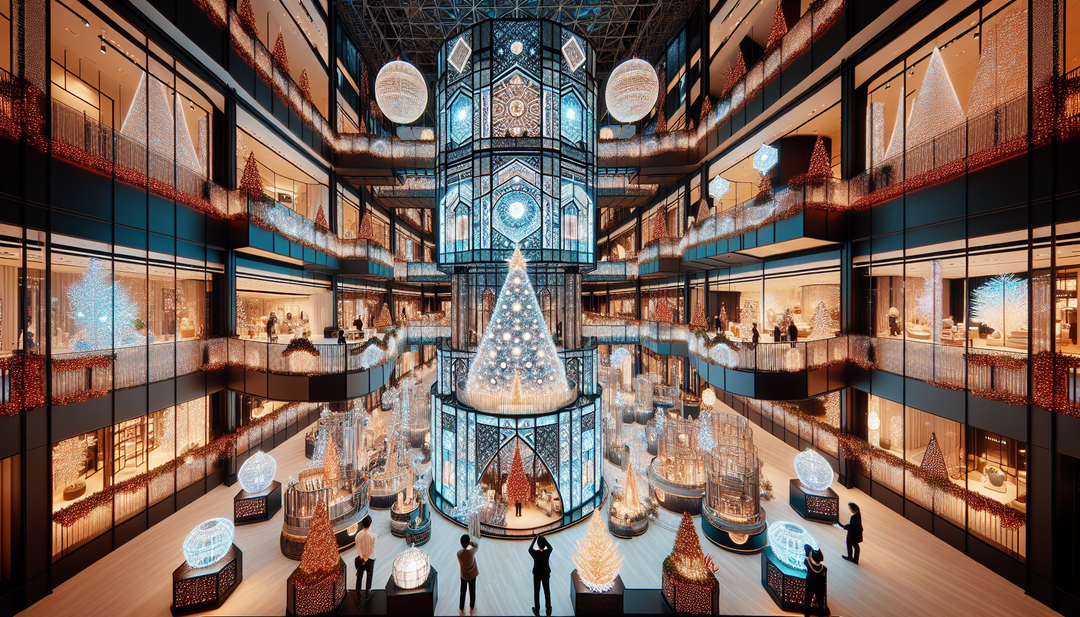 Illustrate a large department store 'Luminaplaza' transformed into a festive Christmas wonderland with innovative lighting and sign designs by 'Lumispace'. Show the collaboration between the marketing manager Ji-hyun, the planner Joon-ho, and Lumispace to create a grand Christmas atmosphere both inside and outside the store. Capture the exterior with dazzling crystal light panels and tree lights designed by Lumispace in collaboration with landscape design expert Sung-min. Inside, showcase Lumispace's creative lighting techniques with various Christmas trees and indoor sculptures, especially highlighting the giant Christmas tree in the main atrium with special lighting effects and Christmas music performances every hour. Emphasize how Lumispace's professional sign and lighting designs contribute to guiding visitors and providing visual delight at Luminaplaza, making it a cultural hub during the Christmas season.