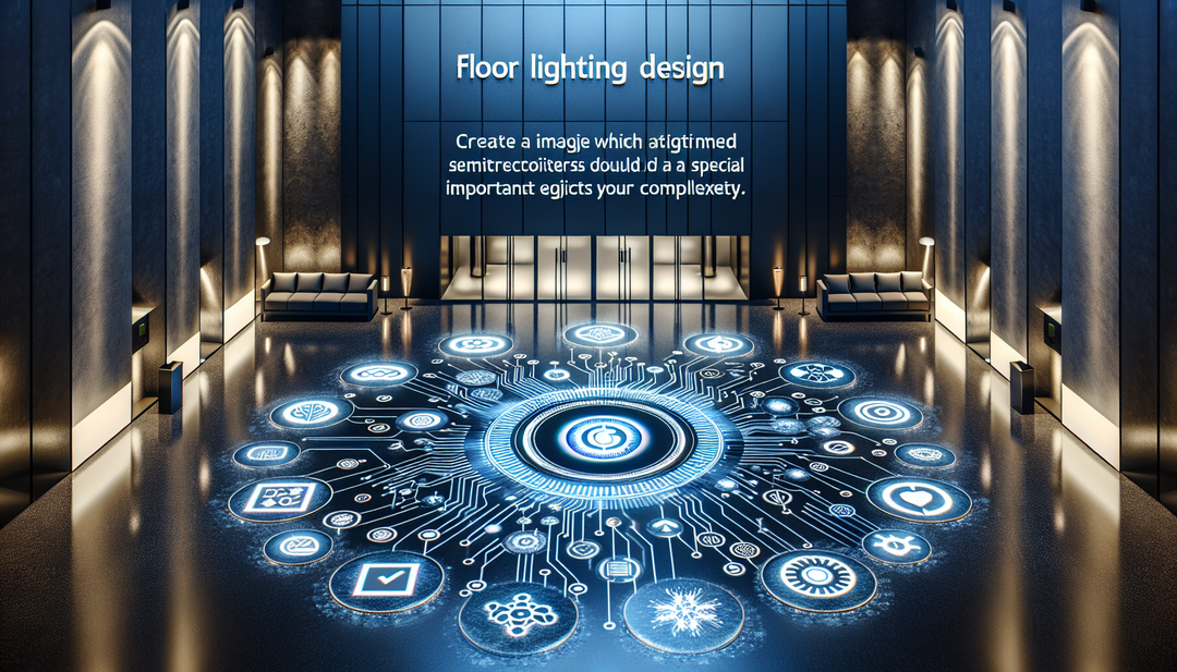 Create an illustration of a semiconductor-themed floor lighting design in a lobby, simplifying the complex world of semiconductors through pictograms and lighting effects.