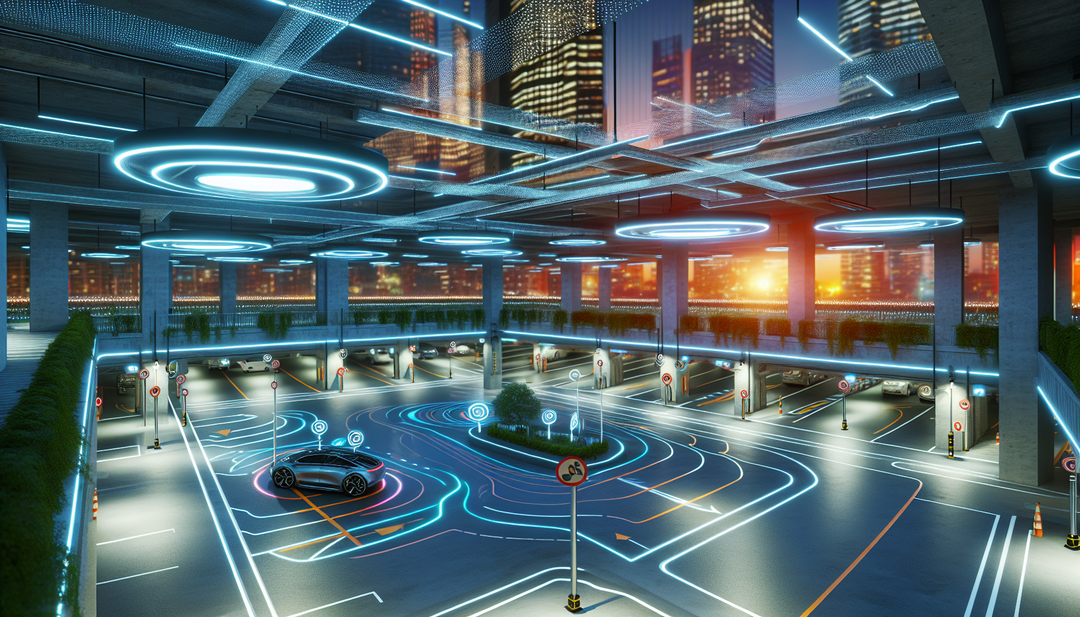 An underground parking lot in a bustling urban area, undergoing a transformation with a smart LED lighting system that adjusts based on vehicle presence and maximizes energy efficiency, creating a safe and eco-friendly environment while reducing energy consumption by up to 70%.