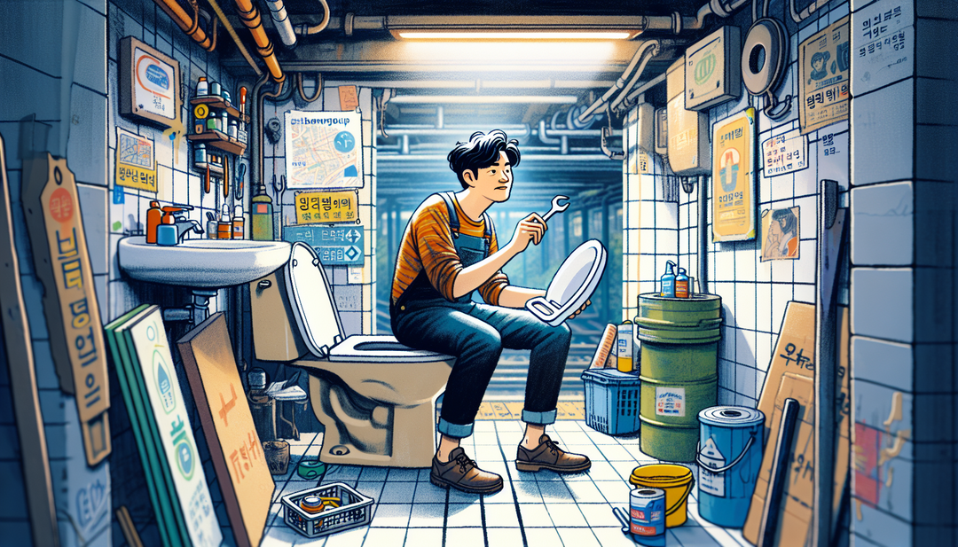 Illustrate a scene of a young man named Seongjun in his underground workshop near Sookmyung Women's University subway station in Seoul, facing the challenge of not having a bathroom in his workspace. Show Seongjun attempting DIY solutions, struggling to install a toilet, and eventually discovering the 'sanicompact 43' model from the company '마이펌프' to solve his problem. Capture the moment of relief and satisfaction as the innovative toilet is successfully installed, transforming his workshop into a perfect creative space.