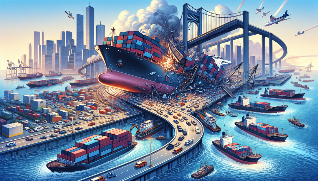 Illustrate a scene of a shipping port with a large cargo ship colliding with a bridge, causing a collapse and disrupting the supply chain. Show another ship rerouting to alternative ports like New York, Newark, and Norfolk while a company, Lumispace, is shown implementing emergency transportation solutions to minimize the impact of the crisis.