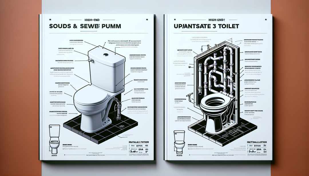 An illustration prompt: A comparison between a high-cost compact 43 toilet with built-in sewage pump and a low-cost regular toilet in terms of installation, piping work, and maintenance costs.