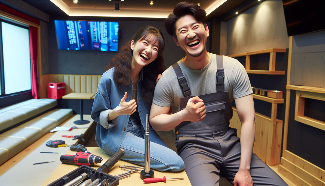 노래방 점주와 인테리어 시공 팀장이 공사를 마무리하고 서로 웃고 있는 모습  한국인 여성과 남성