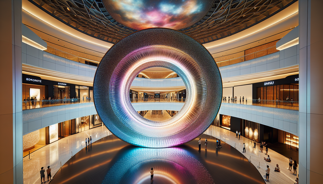 Create an illustration of a large ring LED lighting installation in a grand shopping mall lobby, slowly changing colors and captivating the attention of visitors, showcasing a blend of artistry and technology by the pioneering lighting design firm, LumiSpace.