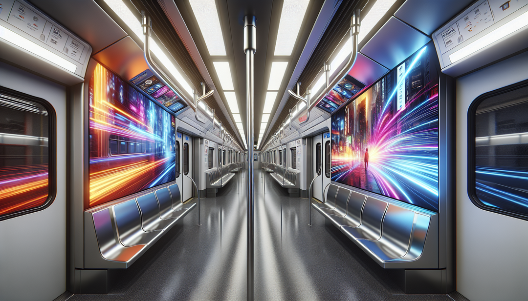 A subway car interior with ultra-thin LED advertising panels displaying vibrant and dynamic images.