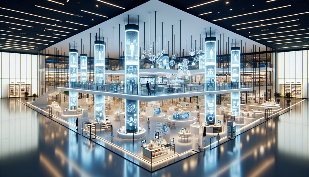 Illustrate a modern and innovative LED lighting display in a large retail store, showcasing various sizes of LED light panels strategically placed throughout the store, including on grand pillars transformed into advertising mediums. Show the use of Lumispace's cutting-edge LED technology and creative lighting design, creating a bright and visually appealing shopping environment. Include scenes of eco-friendly LED lighting used both inside and outside the store as part of a 