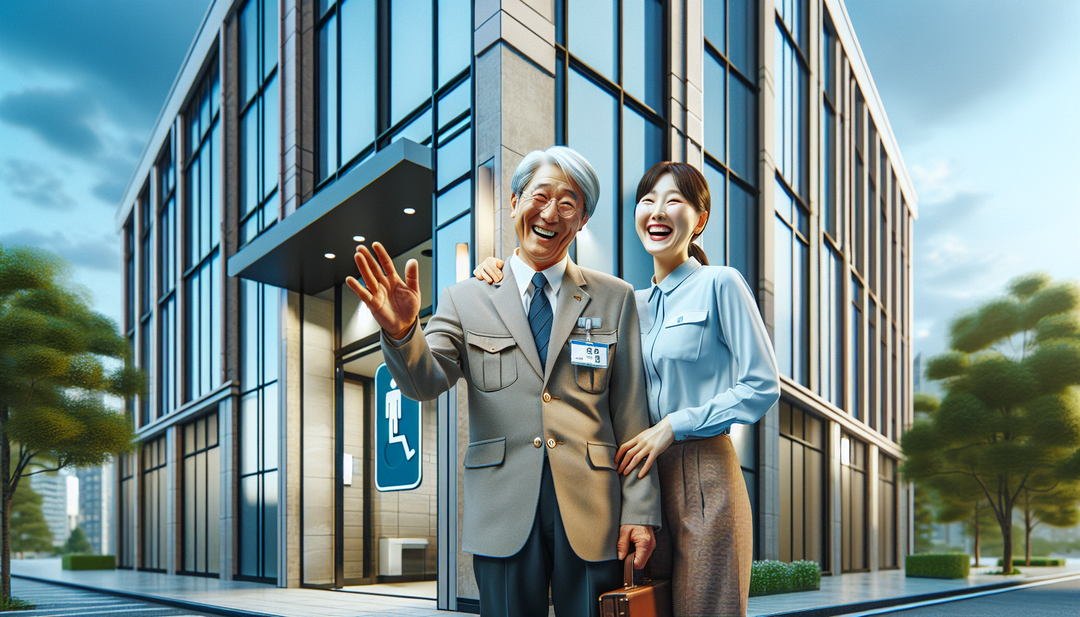 6층 상가 건물 + 건물 관리인 60대 한국인 아저씨 + 상가 입주자 여성과 +웃고 있는 모습 + 화장실 입구앞에서