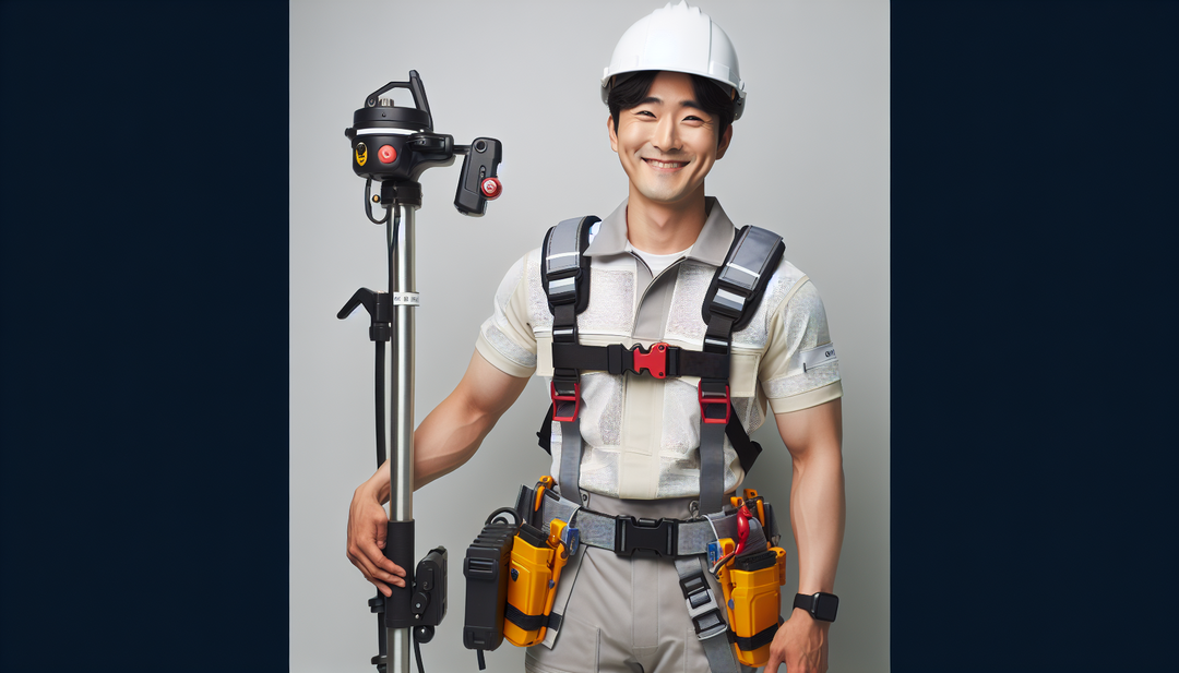 시설 팀장 + 안정기를 손에 들고 + 함박 웃고 있는 모습 + 30대 남성 직원 + 한국인 + 안전장비 착용