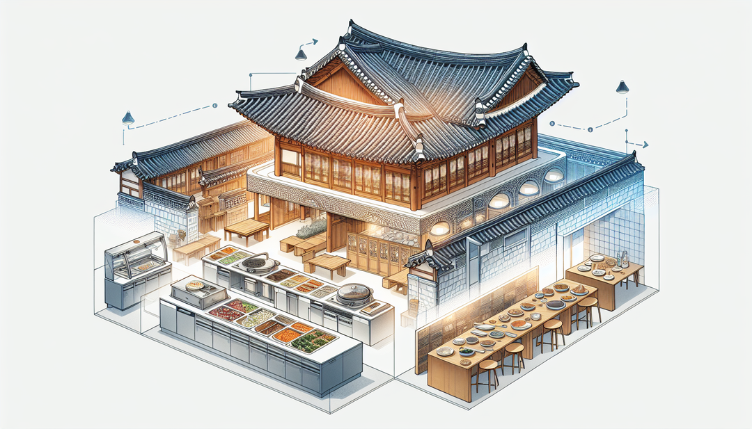An illustration prompt: A traditional Korean hanok being transformed into a modern buffet restaurant, showcasing the integration of traditional charm with modern facilities.
