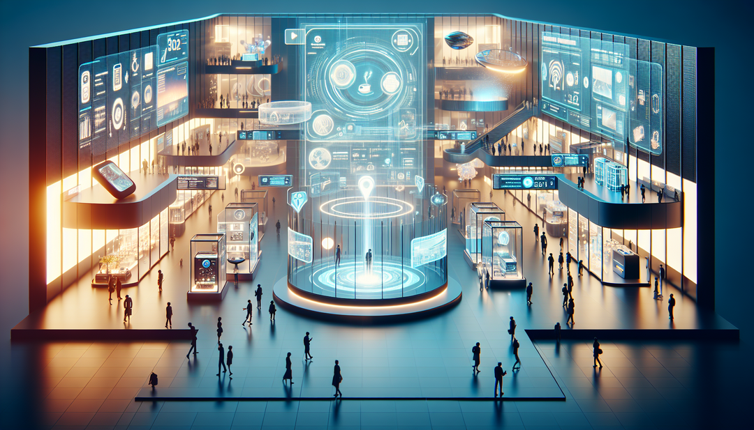 Create an illustration of a captivating virtual exhibition hall showcasing SFA products, with a variety of innovative products on display for visitors to explore with just one click.