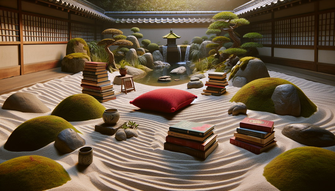 A serene Zen garden with a stack of books and a meditation cushion in the center.