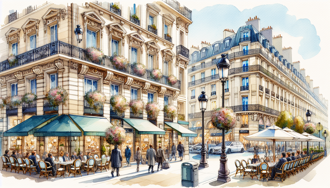 avenue montaigne in paris, watercolour style
