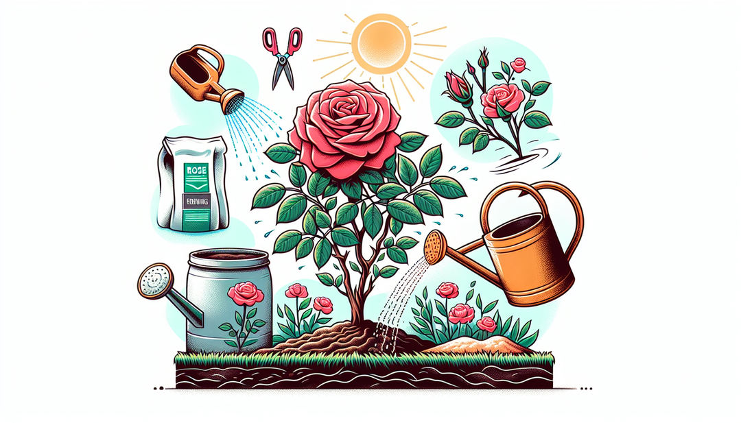 An illustration prompt: Create an image of a well-maintained rose bush with the following elements - a sunny location, well-draining soil, proper watering, fertilization, pruning in spring, protection from diseases and pests, and winter care with mulch.