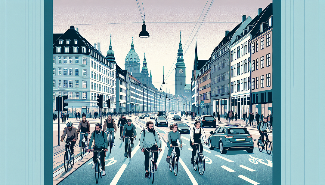 An illustration of a bustling city street in Copenhagen with dedicated bike lanes, cyclists commuting, and minimal car traffic to showcase how cycling enhances urban mobility.