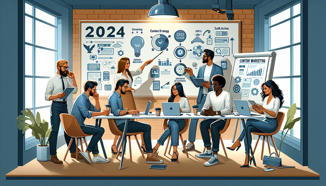 An illustration of a diverse team working together on various content marketing strategies for different platforms in 2024.