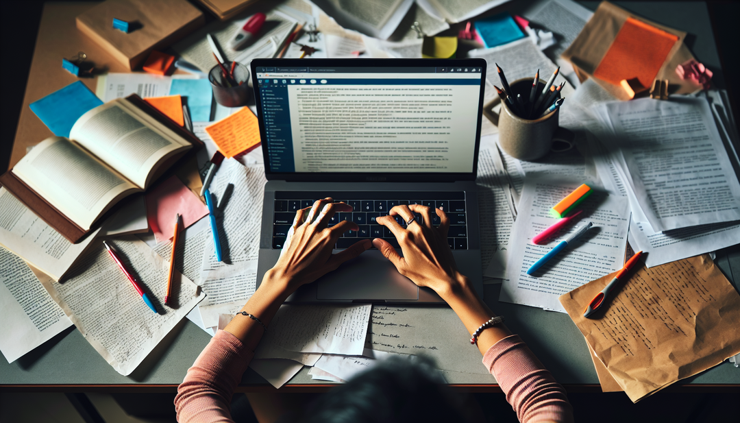 A person typing on a laptop, surrounded by various writing samples and documents.