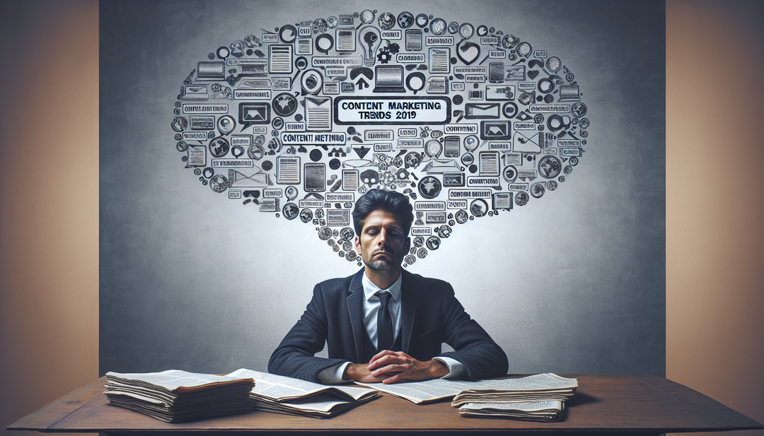 A person sitting at a desk, surrounded by various media platforms (newspapers, social media icons, etc.), with a thought bubble above their head containing the words 