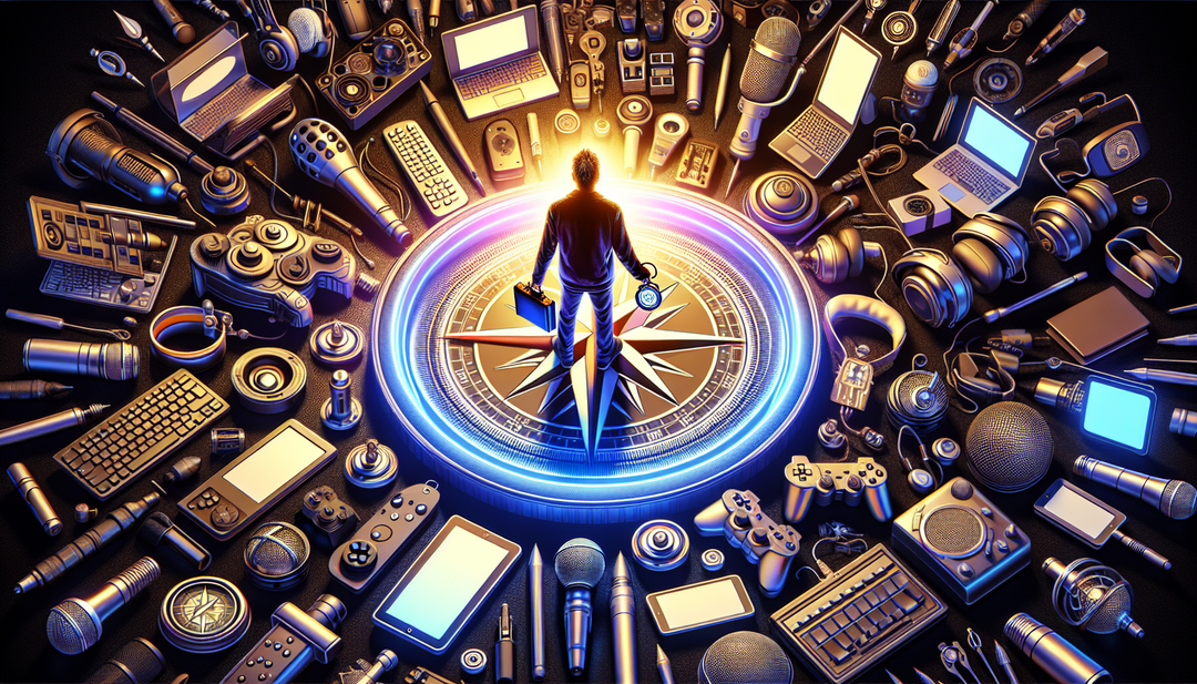 A person holding a compass, surrounded by various content creation tools and platforms.