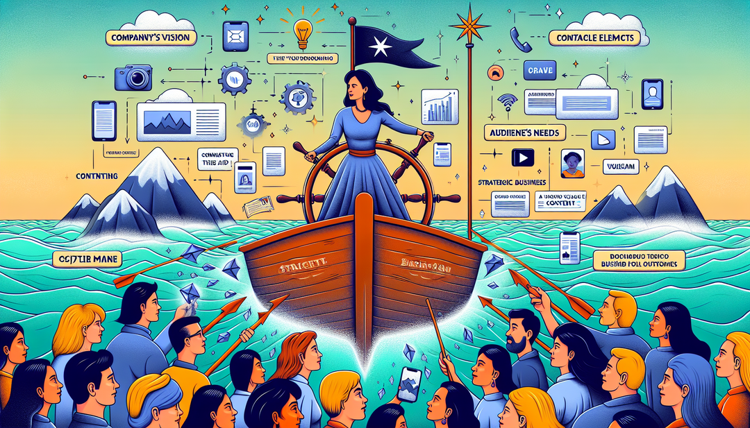 Create an illustration of a Content Director at the helm, navigating through a sea of content elements like articles, videos, and social media posts, while connecting the company's vision with the audience's needs to drive towards strategic business outcomes.