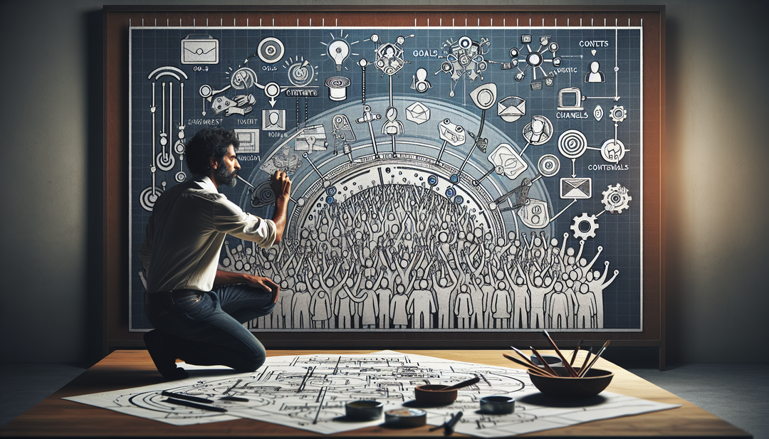 A person drawing a blueprint with various elements such as audience, content, goals, channels, and tools.