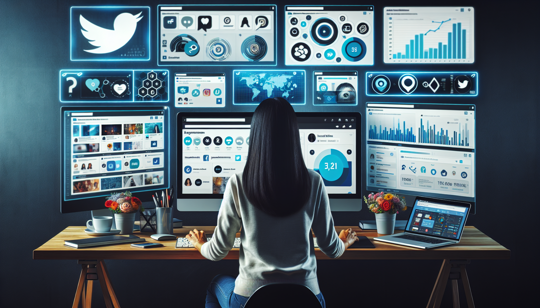 An image of a Social Media Manager at a desk, surrounded by screens showing different social media platforms, analytics data, and engaging content.