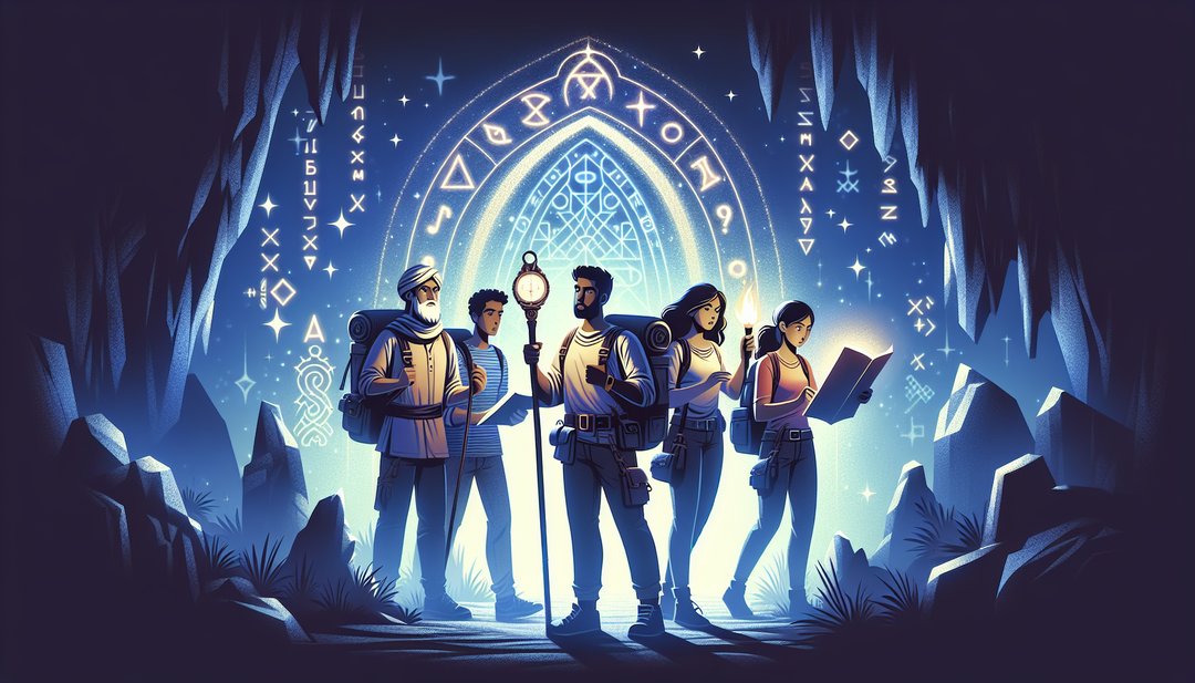 An illustration prompt: A group of adventurers with a compass in hand, standing at the entrance of a mystical cavern filled with glowing ancient runes, ready to embark on a journey of SEO research and content marketing exploration.