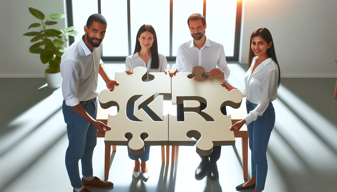 A team of people working together, each holding a puzzle piece, with the word 