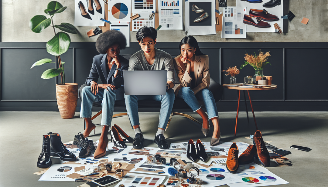 Illustrate a writer and copywriter working on a laptop surrounded by luxury shoes and marketing materials.