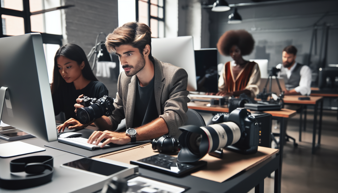 Create an illustration of a young photographer working in a studio, surrounded by camera equipment, editing photos on a computer, and collaborating with a team on a project for robert Zur luxury shoe company