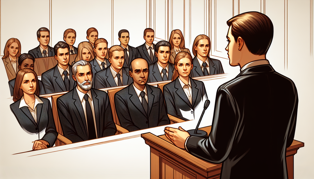 A good image prompt for the text could be an image of a US courtroom with a white-skinned lawyer presenting their opening statement to the white-skinned, American jury.