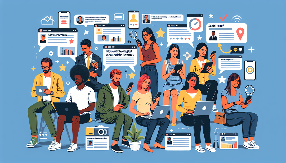 Create an illustration of a diverse group of people interacting with various products and services, showcasing testimonials, results, and case studies to highlight the power of social proof in social media advertising.