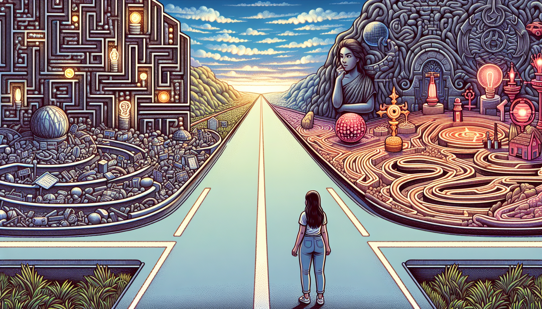 An illustration of a person standing at a crossroads, with one path leading to a maze filled with shiny objects and the other path leading to a clear, open road.