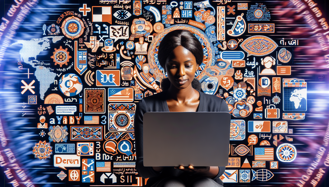 A person studying an ad in a different language with a laptop, surrounded by colorful visuals representing different cultures and languages.