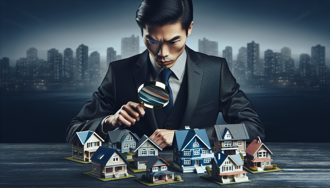 An illustration of a real estate agent holding a magnifying glass, examining multiple houses.