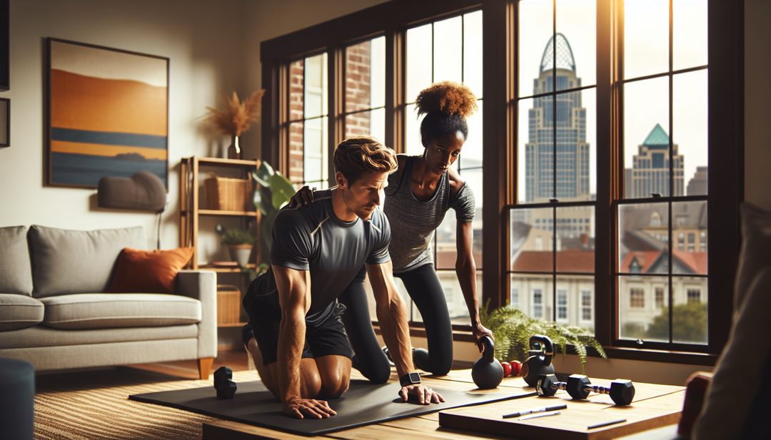 Create an illustration of a person working out with a personal trainer in a cozy home gym setting in Cincinnati.