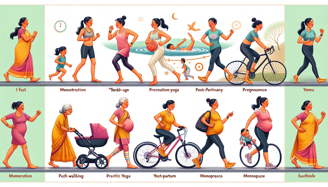 An image of a woman at different life stages - menstruation, pregnancy, postpartum, and menopause - engaging in various fitness activities tailored to each phase.