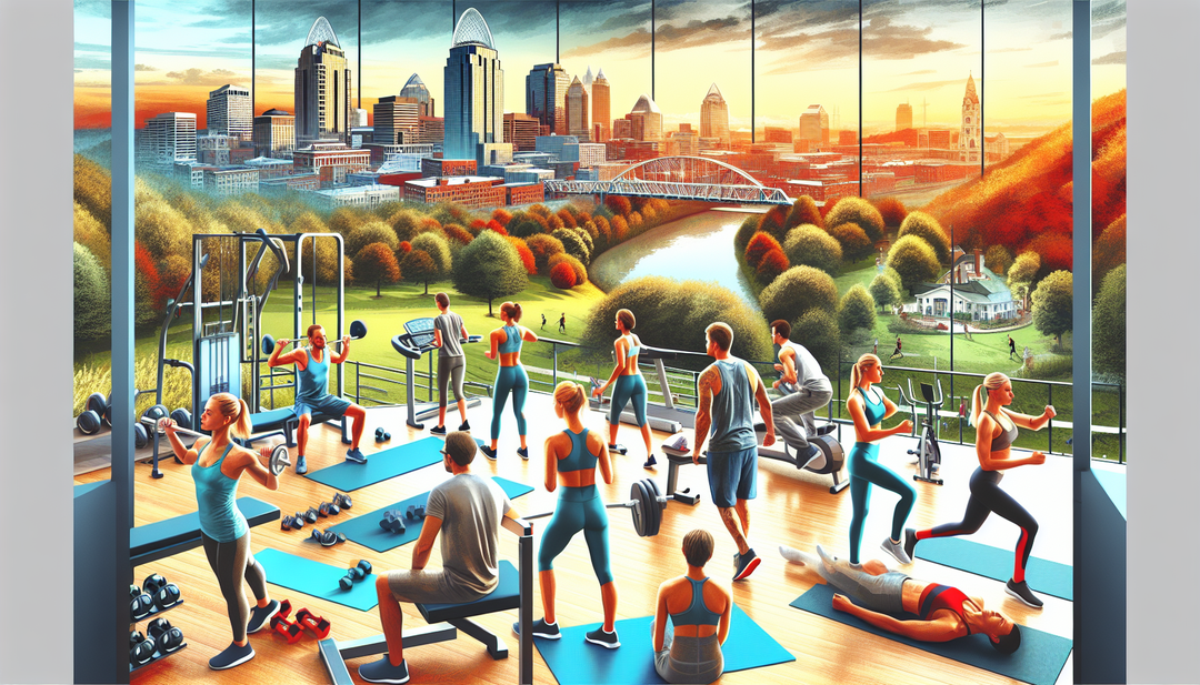 Create an illustration of a diverse group of people working out with personal trainers in various settings such as a gym, outdoors, and at home in Cincinnati.