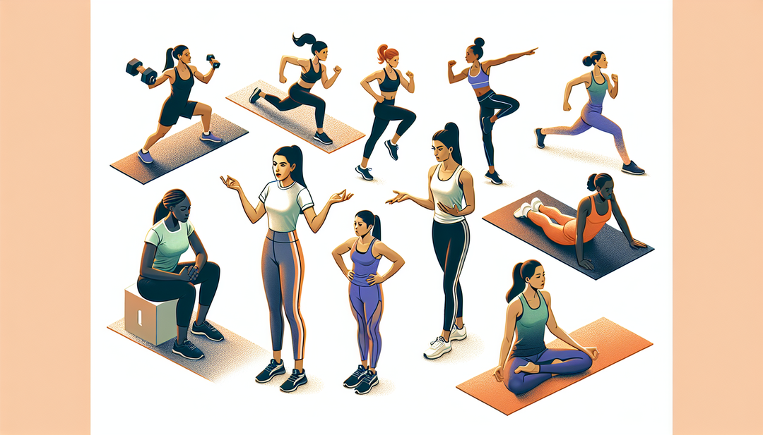 An illustration prompt: A diverse group of women engaging in various fitness activities such as HIIT, strength training, yoga, and pilates, supported by a female personal trainer providing guidance and motivation.