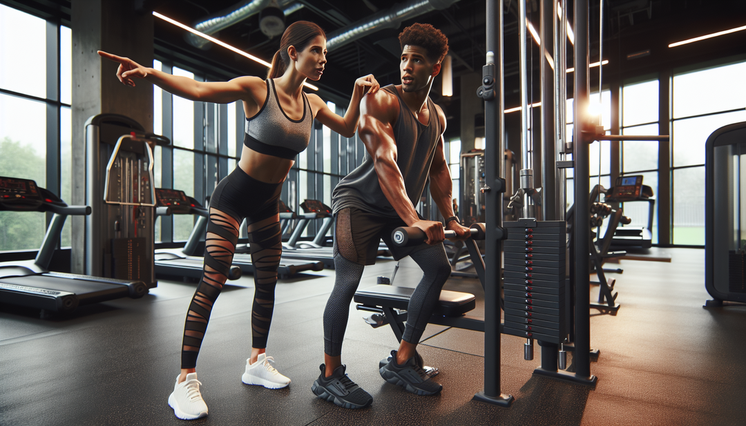 Illustrate a personal trainer guiding a client through a workout session in a gym setting in Cincinnati.