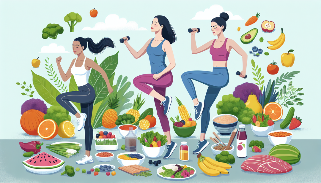 Create an illustration of a diverse group of women engaging in various fitness activities while surrounded by a colorful array of nutritious foods representing a balanced diet.