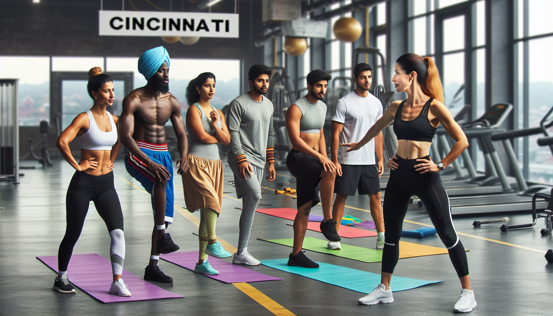 Create an illustration of a diverse group of people engaging in various fitness activities with a personal trainer in a vibrant gym setting in Cincinnati.