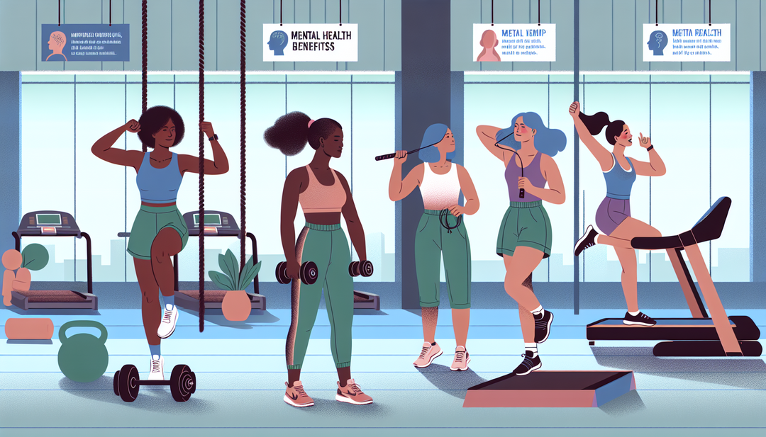 Create an illustration of a diverse group of women engaging in personalized fitness training, showcasing the connection between physical exercise and mental health.